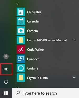 Windows 10 Desktop, Start button, settings icon