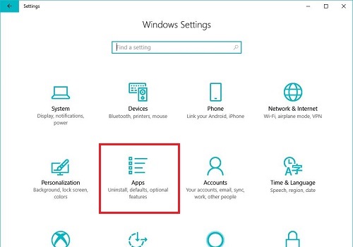 Windows 10 Settings menu, apps button