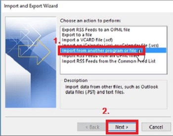 Import and Export Wizard, import from another program or file