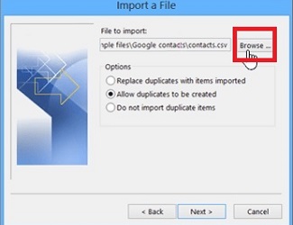 import a file, Browse