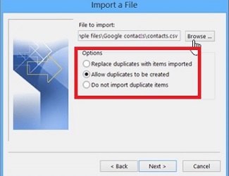 Import a file, Options