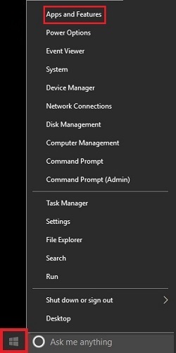 Windows desktop, Windows Icon, Quick Access Menu, Apps and Features