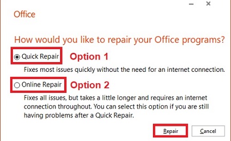 Office Repair Options, Quick Repair, Online Repair