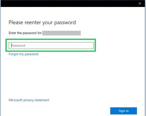Microsoft Account sign in box Enter Password Sign in