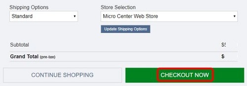 Micro Center Web Store purchase page, Checkout Now button