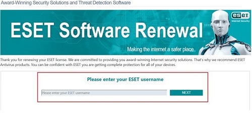 ESET renewal page, ESET username in box