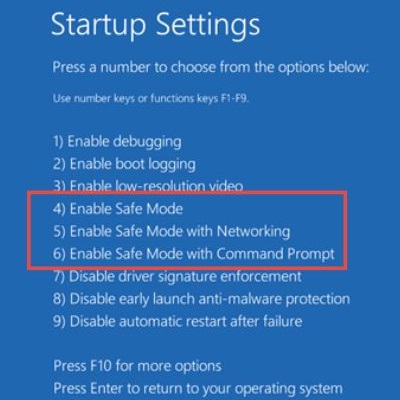 Startup Settings screen, Enable safe mode with networking