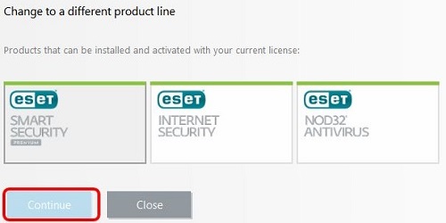 ESET Change Product Screen, Products, Continue button