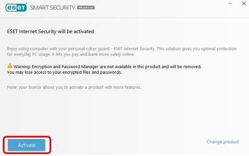 ESET Product Screen, Activate button
