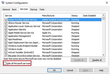 System Configuration, Services, Hide all Microsoft services