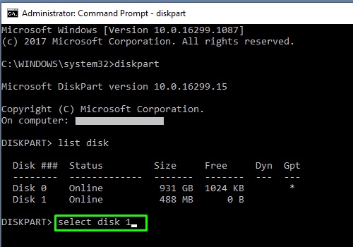 Command Prompt, list of disks, select disk