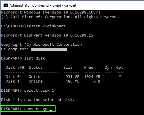 Command Prompt, Convert GPT