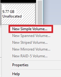 Disk Management, Unallocated space, New Simple Volume
