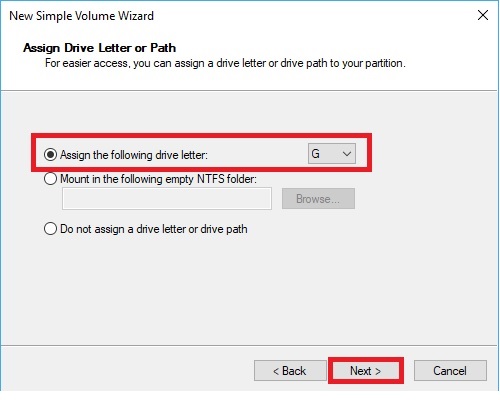 New Simple Volume Wizard Assign Drive Letter Next