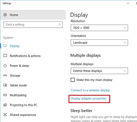 Windows 10 Settings, Display Settings, Display adapter properties