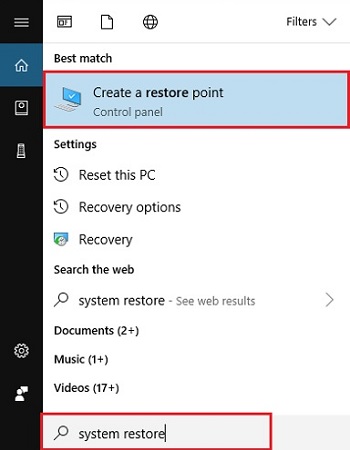 Windows 10 desktop, Search menu, Create a restore point