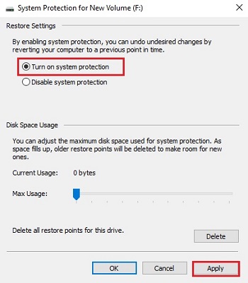 System Protection Window, Restore settings, Turn on system protection, Apply
