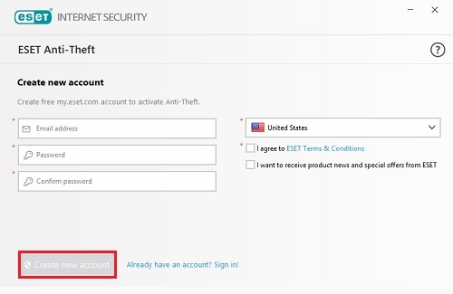 ESET Anti-Theft, Create new account