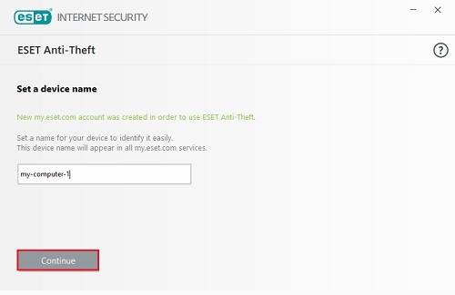 ESET Anti-Theft, Set a device name, Continue