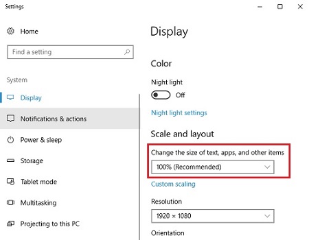 Windows 10 Settings, Display, Scaling options
