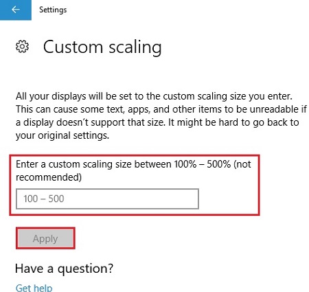 Windows 10 Settings, Custom scaling