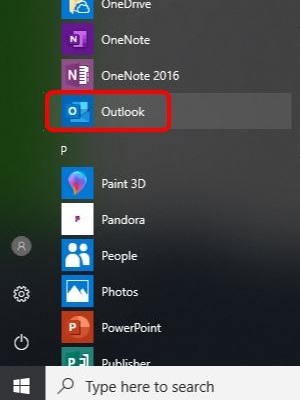 Windows 10 desktop, Start Menu, Outlook