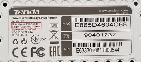 label on bottom of router with login IP address and default login password