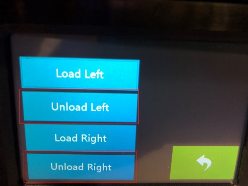 Printer Filament Menu, Unload Left, Unload Right