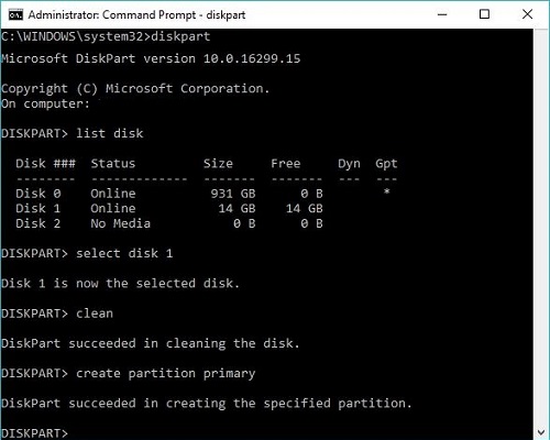 command prompt, diskpart, create partition on drive