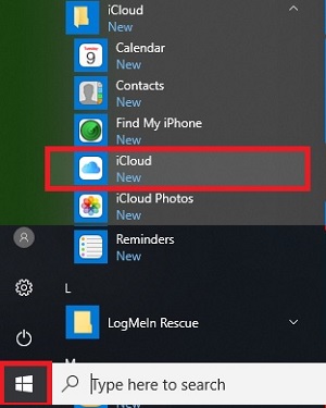 Start menu showing icloud with windows icon and icloud highlighted