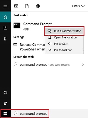 Windows 10 desktop, search box, command prompt, run as administrator
