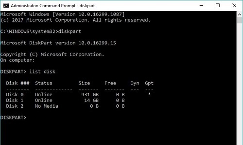 admin command prompt, diskpart, list disk
