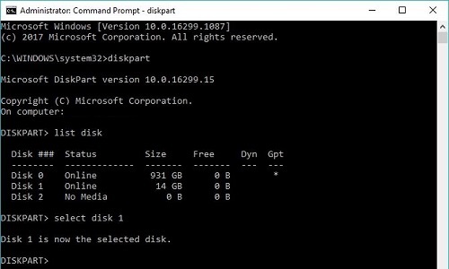 admin command prompt, diskpart, select disk