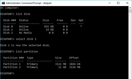 admin command prompt, diskpart, list partition