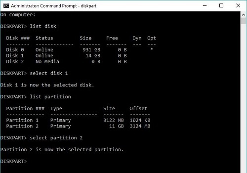 admin command prompt, diskpart, select partition