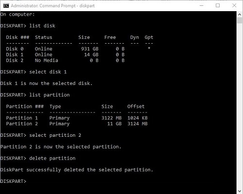 admin command prompt, diskpart, delete partition