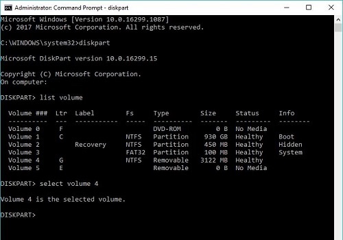 admin command prompt, diskpart, select volume