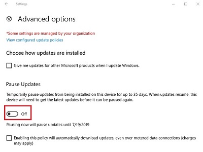 Advanced options, Pause updates off