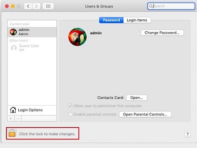 Users & Groups preferences, administrator lock button