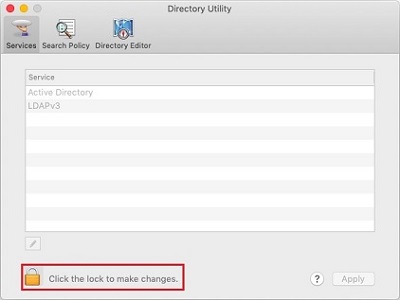 Directory Utility, administrator lock button