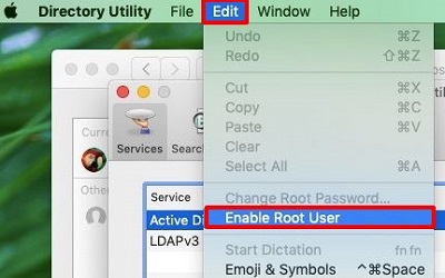 Apple desktop, Apple menu, Edit menu, enable root user button