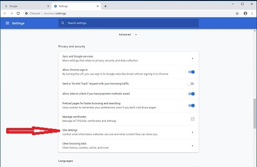 Chrome Settings, Privacy and Security, Site Settings