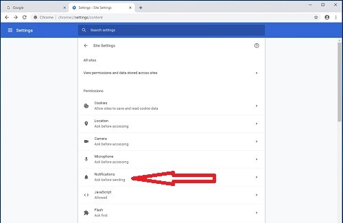 Chrome Site Settings, Notifications