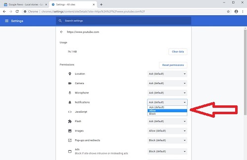 Chrome Site Settings, All sites, Notification drop down