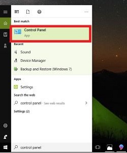 Windows 10 desktop, Search Box, Control Panel