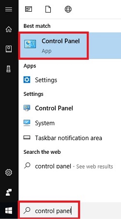 Windows 10 desktop, Cortana, Control Panel