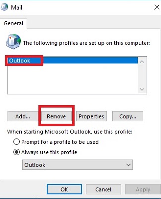 mail profiles window, remove