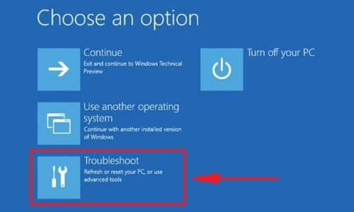 Windows 10 recovery environment, Choose an option, Troubleshoot