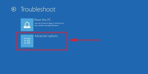 Windows 10 recovery environment, Troubleshoot menu, Advanced Options