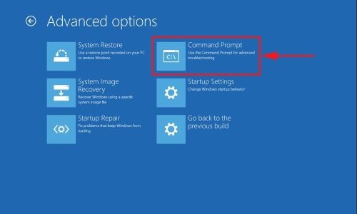 Windows 10 recovery environment, Advanced Options, Command Prompt